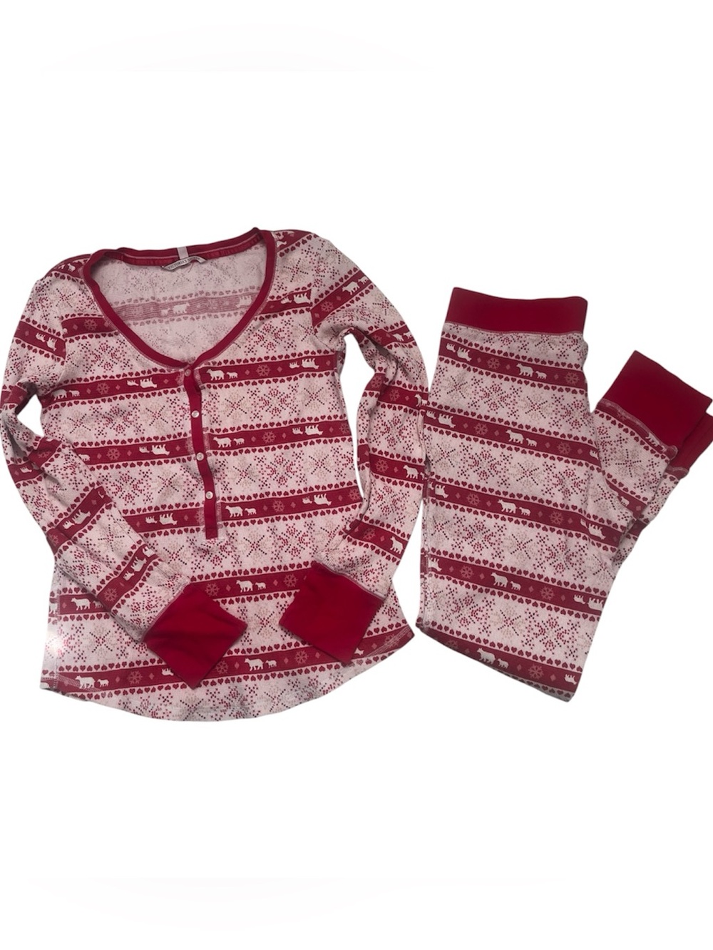 Victoria Secret Red & White Fair Isle Thermal Pajama Set Loungewear  Sz M